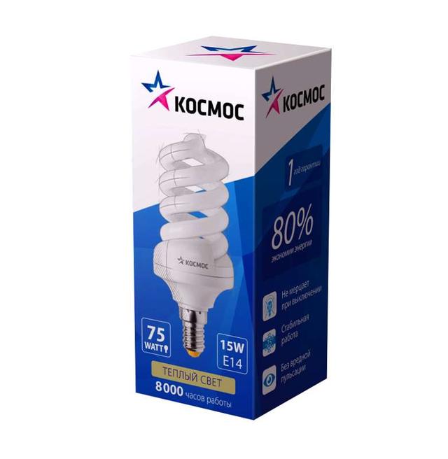 Лампа люминесцентная компакт. SPC 15Вт E14 спиральная 2700К Т3 КОСМОС LKsmSPC15wE1427