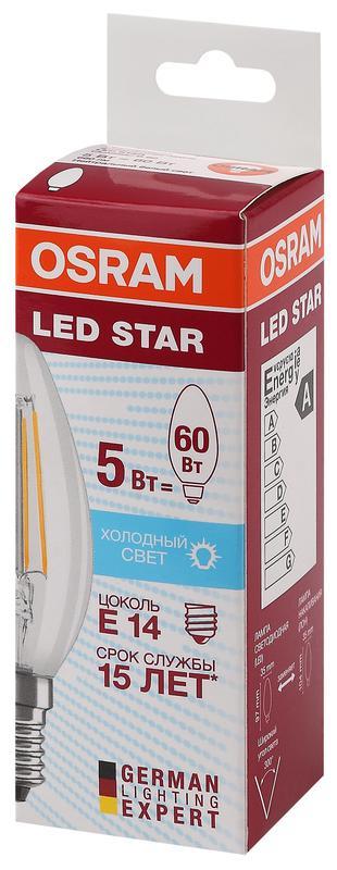 Лампа светодиодная филаментная LED Star Classic B 60 5W/840 5Вт свеча прозрачная 4000К нейтр. бел. E14 660лм 220-240В OSRAM 4058075116702